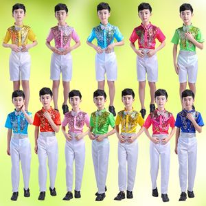 110-170 cm 2 stks Kinderen Performance Latin Dance Costumes 7colors Boys Sequin Strik Tie T-shirt Broek Shorts Meisjes Kleding Set