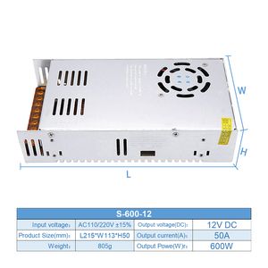 110 / 220V AC à DC 12V 50A 600W Mode de commutateur Conterrupteur Alimentation LED Adaptateur de transformateur d'éclairage LED