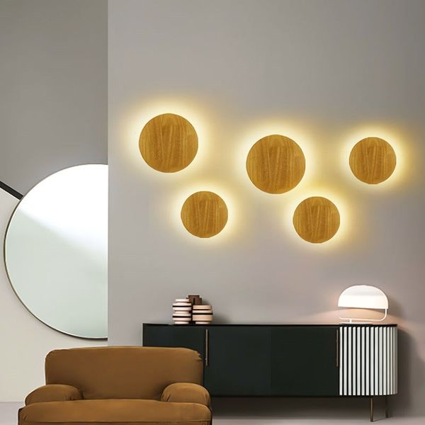Lámpara de pared LED de madera de 110-240 V, forma ovalada redonda artesanal con luz, fuente de lámpara decorativa, iluminación interior montada en la pared, faros de espejo de baño