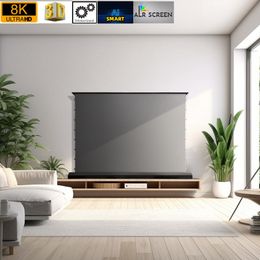 110 inch Smart Control ALR gemotoriseerd Tab-Tension vloer stijgend projectorscherm Obsidiaan lange afstand omgevingslicht afwijzend projectiedoek