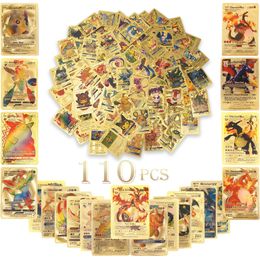 110 PZ Inglese Pokemon Gold Card Pack Vmax V GX EX DX Box Charizard Pikachu TAG COSPLAY Raccolta rara Carte da battaglia Giocattoli per bambini Regalo Anime Party Regali di compleanno