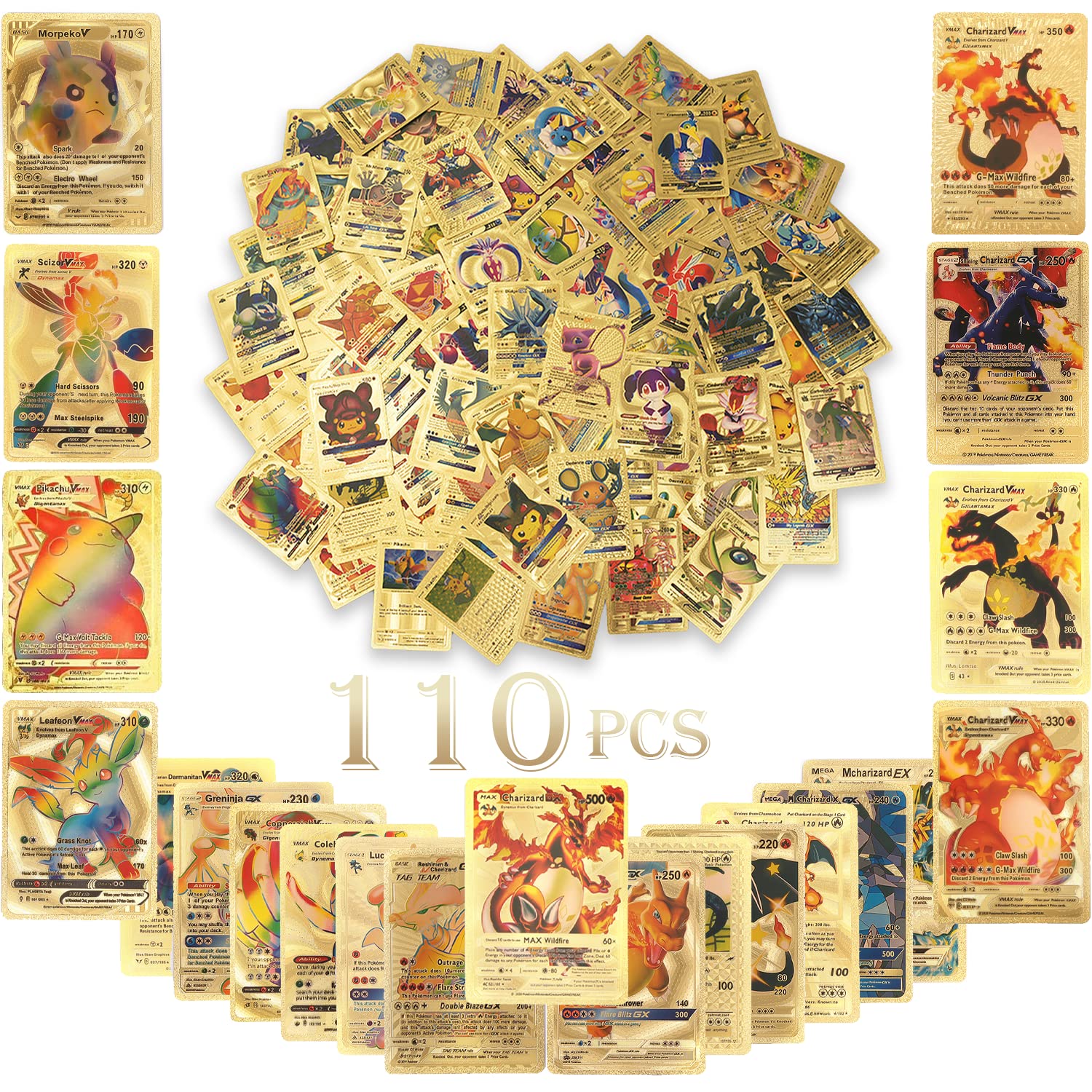 110 PCS Inglês Pokemon Gold Card Pack Vmax V GX EX DX Box Charizard Pikachu TAG COSPLAY Rare Collection Battle Cards Crianças Brinquedos Presente Anime Festa Presentes de Aniversário