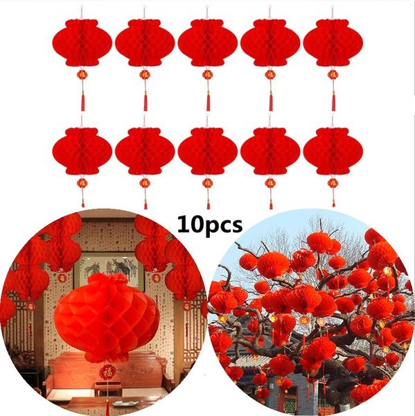 Lanterne traditionnelle chinoise en papier nid d'abeille, 110 pièces, en plastique, réutilisable, pendentif du Festival du printemps, décoration suspendue pour la maison, 240119