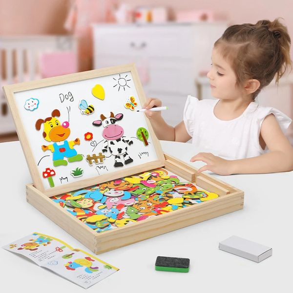 110 Unids Madera Multifunción Niños Animal Puzzle Escritura Tablero de Dibujo Magnético Pizarra Aprendizaje Juguetes Educativos para Niños 240124