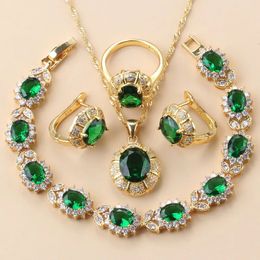 1111 Clip Oorbellen En Ketting Groene CZ Sieraden Sets Met 925 Mark Goud Kleur Luxe Bruiloft Accessoires Voor Vrouwen 240202