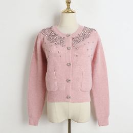 1115 2023 Otoño Marca Mismo estilo Suéter Negro Rosa Blanco Manga larga Cuentas Cuello redondo Cardigan Ropa para mujer Ropa de alta calidad para mujer DL