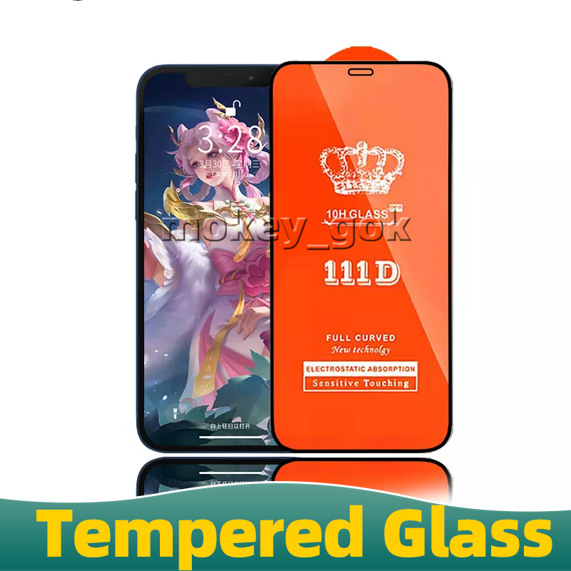 111D Skärmskyddsskydd Glas 9h fullt tempererat glas för iPhone 13 mini 11 12 14 Pro X XR XS Max SE2 8 7 6 14Plus Samsung Galaxy S22 Plus S21 S20 Fe A10 A21S A51 A32 5G