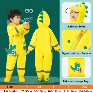 112 Jaar Oude Cartoon Dinosaurus Waterdichte Jumpsuit Regenjas Capuchon Kids OnePiece Jas Tour Kinderen Regenkleding Pak 240226