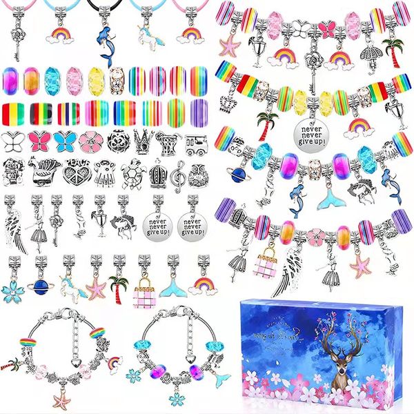 112 UNIDS Conjuntos de paquetes de joyería DIY COMO regalos de Navidad para niños Cuentas con dijes aptos para pulsera, collar, dijes, accesorios colgantes para cadena de serpiente