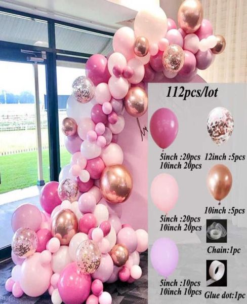 112 piezas de confeti de oro rosa, guirnalda de arco de globo metálico cromado, Globos de látex rojo rosa, decoraciones para fiesta de cumpleaños de boda, juguete 23824689