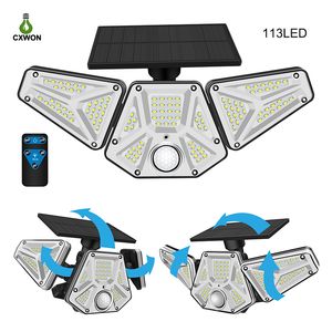 113 LED-Solarwandleuchten, 3 Modi, Bewegungsmelder, 3 Köpfe, Garagenleuchte, Gartenbeleuchtung für den Außenbereich, 2er-Pack