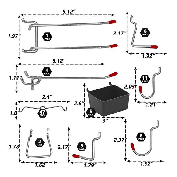 114pcs/140pcs ganchos de clavijas de metal Pegs Board Organizador Kit de surtido Locks Pegage Work Shop Aplicaciones de colgantes