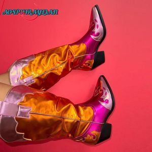 116 Western Mixed Colors Metallic vrouwelijk merk mode puntige teen cowgirl laarzen vrouwen dikke hakken vrouw schoenen 230807 623