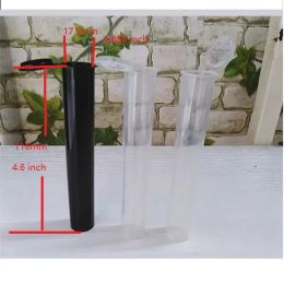 Tubo de embalaje pre-rollo de 116 mm Botella de plástico transparente negro El contenedor de pastillas pre-rolling romo con junta doob blanca tiene un diámetro interno de 0.688 pulgadas y una longitud de 4.6 pulgadas