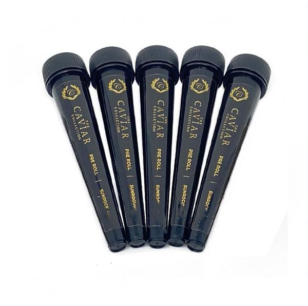 116mm prerolls cone comum caviar preto à prova de crianças tubo de plástico embalagem com tampas pretas cr adesivo com letras douradas