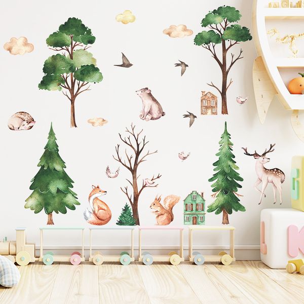 Pegatinas de pared de cabina de bosque pintadas de dibujos animados de 118x45cm para habitación de niños, decoración de pared del dormitorio, decoración del hogar, vinilo, animales, árboles, calcomanías