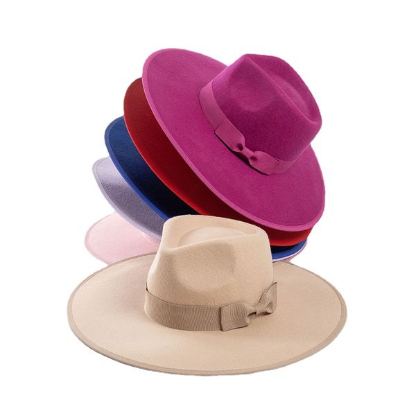 Sombrero Fedora de lana de 100% con corona de ala grande de 11cm, cinta decorativa con lazo, gorro de fieltro de Jazz para hombre y mujer, sombrero de compras para fiesta y boda con forma cóncava