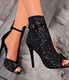 11cm zwarte strass peep teen enkel bootie mode luxe designer vrouwen schoenen dames hoge hakken pompen maat 35-40