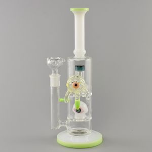 Cachimba de 11 pulgadas de alto, jade blanco, fondo verde claro, junta hembra de 14 mm con ojos que se ajustan a la tubería de agua de vidrio