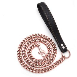 Tone or rose de 11 mm / 15 mm en acier inoxydable Chaîne de liaison cubaine Ligne de chien avec poignée en cuir Chaîne de chaîne 3ft / 4ft / 5ft