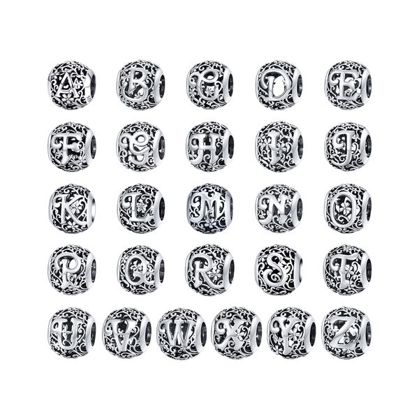 Cuentas de abalorios de alfabeto de 11mm, cuentas de letras de plata de ley 925 para pulseras de estilo europeo, fabricación de joyas al por mayor