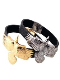 11mm nouveau cadeau à la mode en acier inoxydable 316L couleur argent forme d'aigle noir Bracelet en cuir véritable hommes garçons Bracelet Bangle9247141