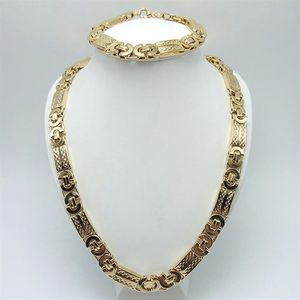 Collier et bracelet en acier inoxydable argenté de 11 mm de largeur, ensemble de bijoux byzantins plats plaqués or 18 carats personnalisés pour hommes268d