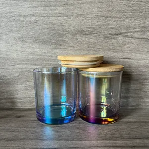 Portavelas de vidrio iridiscente de 11oz y 320ml con tapa de bambú, botella de agua en blanco, tarro de vela DIY