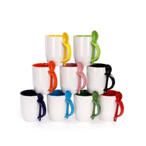 Tasse en céramique de sublimation de 11oz, tasses à café vierges avec cuillère, dessous de verre, tasses en céramique pour thé et chocolat