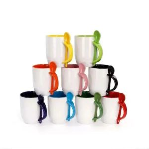 Taza de cerámica de sublimación de 11oz, tazas de café en blanco con cuchara, sublimación, taza DIY, posavasos, tazas de cerámica de té y Chocolate