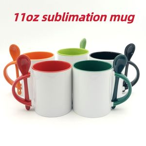 11 oz Sublimation tasse en céramique tasses à café vierges avec cuillère transfert de chaleur personnalisé en céramique bricolage tasse d'eau blanche tasses de boisson cadeau de fête