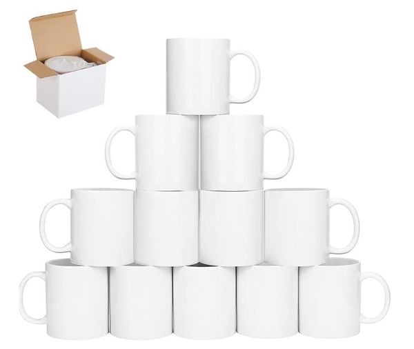 Tasses à sublimation de 11oz, tasses à café vierges avec grande poignée, tasse en céramique à revêtement blanc avec boîte-cadeau blanche