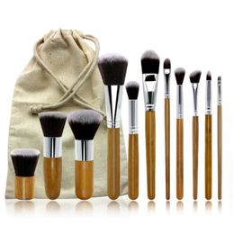 11 stks Bamboe Handvat Make-up Borstels Set Professionele Cosmetica Borstel Kits Eyeschadow Foundation Beauty Make-up Gereedschap met Jutezak