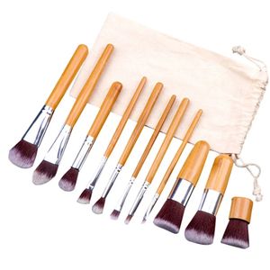 11 pcs Bamboo Makeup Brushes Set Poignée naturelle avec un sac de chanvre face Brosse de maquillage des yeux 240403