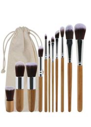 Ensemble de pinceaux de maquillage en bambou, avec sac en tissu, pour fond de teint, poudre, fard à joues, ombre à paupières, 11 pièces, 7045236