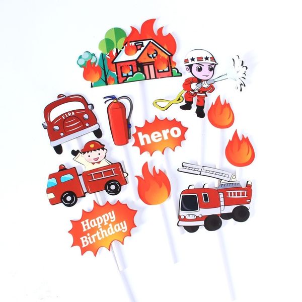 11 piezas de héroe de los bomberos Toppers de la torta del feliz cumpleaños para la decoración del partido del coche de la historieta del cumpleaños del niño Cupcake Toppers Fire House Car Y200618