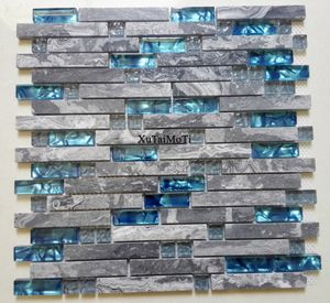 Mosaico de mármol gris, azulejo de vidrio azul, protector contra salpicaduras de cocina, fondo de baño, pared decorativa, chimenea, bar, azulejos de pared de piedra, 11 Uds.