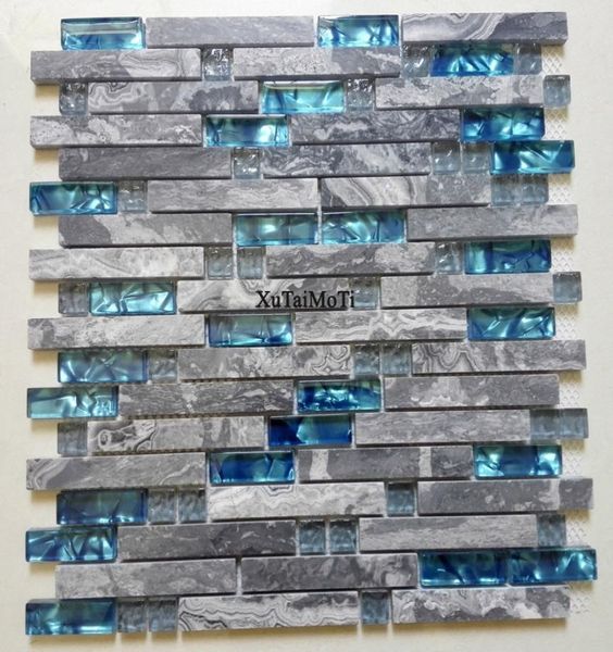 11 pièces mosaïque de marbre gris carreaux de verre bleu dosseret de cuisine fond de salle de bains décoratif mur cheminée bar carreaux de mur en pierre 9152836