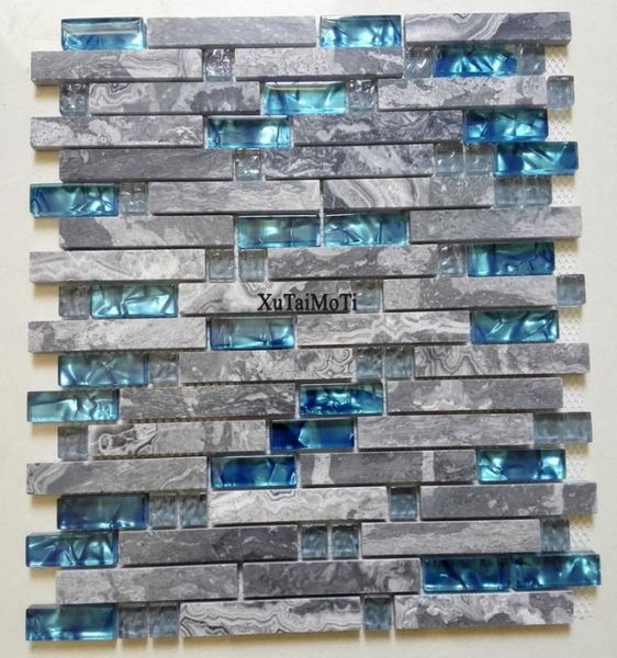 11pcs en marbre gris mosaïque carrelage en verre bleu carreaux de cuisine de salle de bain fond de salle de bain décoratif murs foyer carreaux muraux en pierre7871906