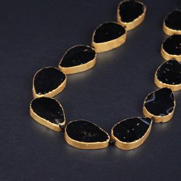 11 stks Natural Black Agates Platte Teardrop Losse Kralen, Gouden Eanged OneDy Gems Steen Slab Hangers Ketting voor DIY Sieraden Ambachten