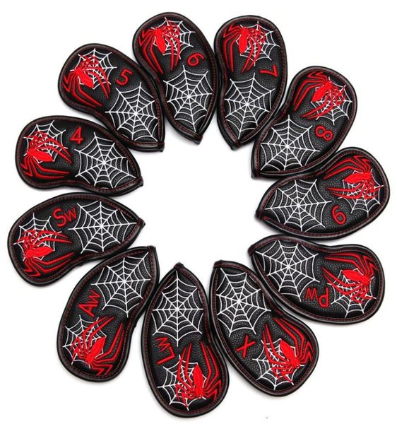 11pcs Set Black Litchi Pu Leather Spider Brodery Golf Club Irons Headcover Cornets Cover9000471