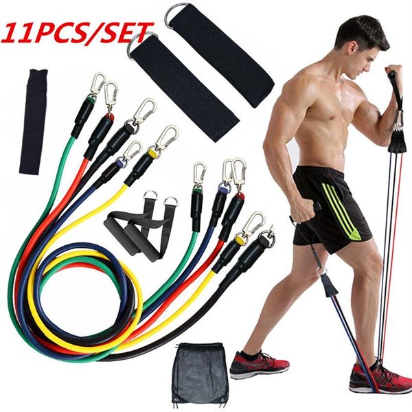 11 unids / set Ejercicios Bandas de resistencia Tubos de látex Pedal Ejercitador Cuerpo Gimnasio en casa Entrenamiento físico Entrenamiento Yoga Cuerda elástica Eq273O