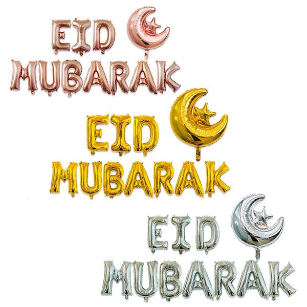 11PCS / set Ramadan Décoration EID MUBARAK Feuille Ballons Rose Or Argent Lettre avec Étoile Lune pour les Fournitures de Fête Musulmane JK2103KD