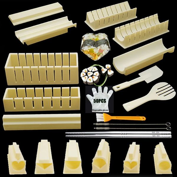 Ensemble d'outils à Sushi en cœur rond, moule à riz, boule japonaise, moule à gâteau, brosse, 50 pièces, gants, baguettes, 11 pièces, 240304