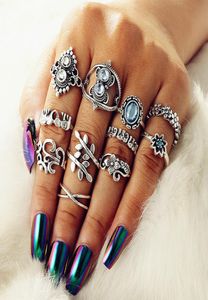 11pcsSets Band Nail Ring Sets Bohème Sculpté Feuille Fleurs Pure Blue Gemstone Élégant Designer Femmes Bijoux Accessoires Vintage 6024428