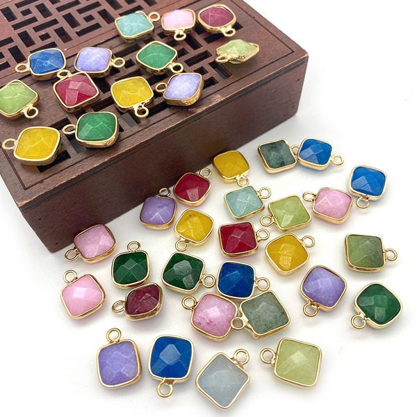 Abalorios de piedra de Jade de cristal Natural cuadrado con borde dorado de 11x15mm, colgantes de cuarzo verde y azul a la moda para la fabricación de joyas al por mayor