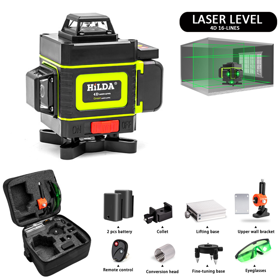 12/16 Lijnen 3/4D Laser niveau niveau zelfnivellering 360 horizontaal en verticaal kruis super krachtig groen laseriveau met 2 batterij
