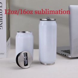 12/16 oz Cola Kan Sublimatie tumbler Geïsoleerde Waterfles DIY Warmteoverdracht Afdrukken Dubbelwandige Soda Mokken met deksel en Stro