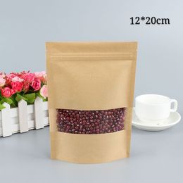 12 * 20 cm 100 stks Bruin papier stand-up verpakking tassen voor koffie en thee geurbewijs ritssluiting Seal verpakking tassen pouches met helder venster