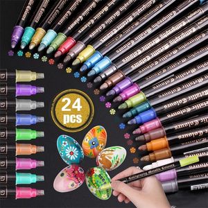 12/24 kleuren Metallic Markers Verfpennen Kunst Schrijven Markers Papier Steen Glazen Muur Dual Tip Verf Pen Papier Steen Glazen Muur 220721